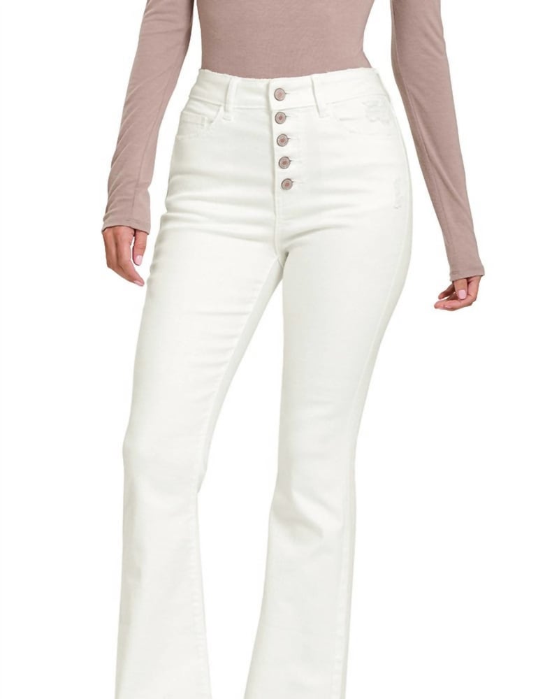 Front of a model wearing a size 26 High Rise Flare Jeans With Button Fly in White in White by Zenana. | dia_product_style_image_id:326481